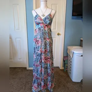 Candie’s Blue Floral Empire Waist Beaded Maxi Dress Size Small Y2K thumbnail 3