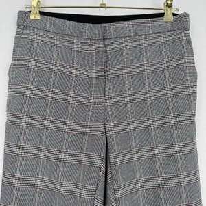 Zara Plaid Trousers Women L Gray Black Burgundy Straight Leg Elastic Waist Zara thumbnail 3