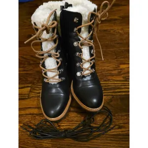 9 West Women's Sherpa Black Lace up Block Heel Cuff Ankle Boots Sz 10 Xtra Laces thumbnail 4