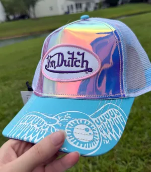 Von Dutch Iridescent Patch Trucker Hat in Aqua and Pink thumbnail 1