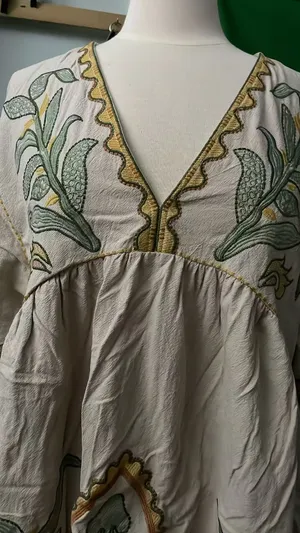 Womens Oversized Embroidered Dress with V-Neck and 3/4 Sleeves Vintage Embroidery Babydoll Dress thumbnail 7