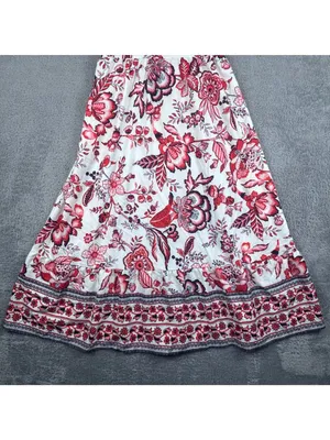 Floral V-Neck Midi Dress With Puff Sleeves & Ruffled Hem Red & White thumbnail 6