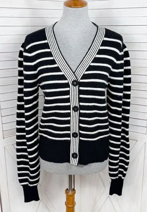 Bagatelle Collection Striped V Neck Cardigan‎ Sweater Black White Small thumbnail 1