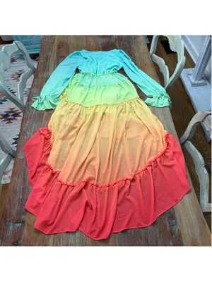 Champagne & Strawberry Rainbow Colorblock Tiered High Low Dress XS Chiffon Ombré thumbnail 12