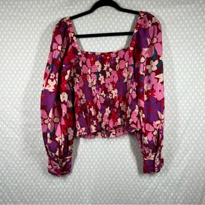 Free People‎ Pink Floral Ariana Smocked Puff Long Sleeve Top thumbnail 7