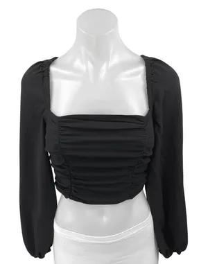 Urban Outfitters Black Long Sleeve Ruched Tie Square Neck Blouse Crop Top Size M thumbnail 1