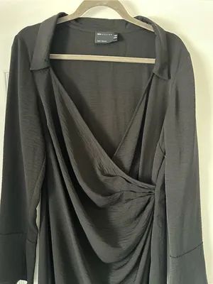 ASOS Black Draped Side Ruching Tulip Hem Long Sleeve Dress V Neck thumbnail 3