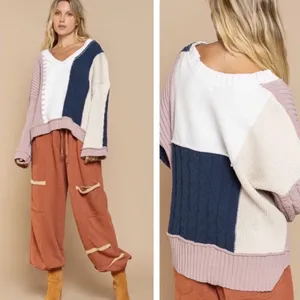 POL V-Neck Color Block Chunky Knitted Sweater Women’s‎ Size M thumbnail 3