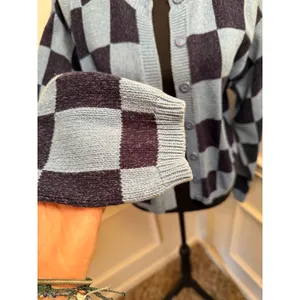 Vintage Liz & Co Checkerboard Knit Cardigan Sweater Blue Y2K Button Up Retro thumbnail 2