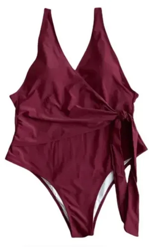 Glowbeam Burgundy Side Tie Plunge Neckline One Piece Swimsuit thumbnail 2