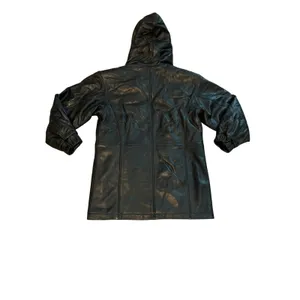 Sonoma women Black Genuine Leather Hooded Jacket Parka Coat Small fur lined hood thumbnail 2