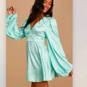 Lulus Stunning Moment‎ Light Blue Satin Jacquard Long Sleeve Mini Dress MEDIUM thumbnail 2