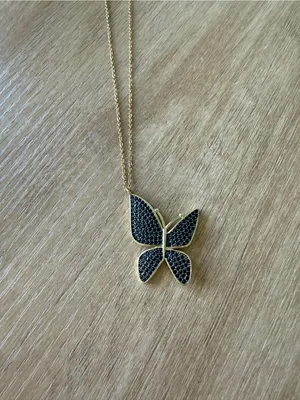 Lucky Star Jewels Gold Tone Black Crystal Butterfly Pendant Necklace thumbnail 2