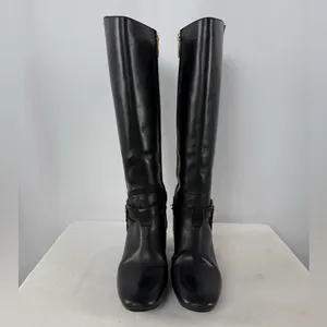 Vintage Y2K Tory Burch Leather Gold Logo Knee High Heeled Boots in Black Size‎ 7 thumbnail 4