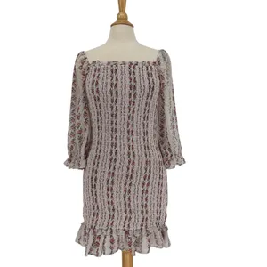 Aura‎ Floral Smocked Mini Dress Large Cream Red Square Neck Boho Cottagecore thumbnail 2