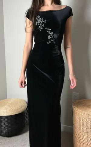 vintage 90s black velvet floral glitter boatneck fitted slit maxi dress gown thumbnail 1