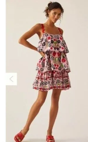 Anthropologie x Maeve Tiered Printed Mini Dress large EMBROIDERED SQUIGGLE thumbnail 15
