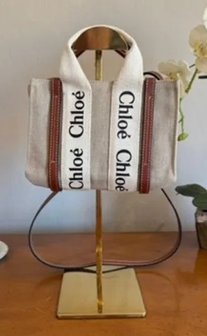 Chloé Mini Woody Tote White Brown Linen Canvas thumbnail 1