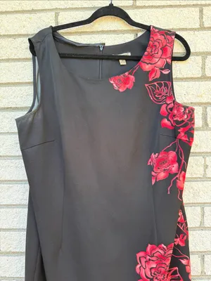 Sleeveless Black Midi Dress with Red Floral Panel thumbnail 3