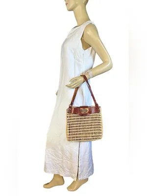 Vintage 1980'S Dark Mahogany Brown Leather And Straw Shoulder Tote Bag thumbnail 2