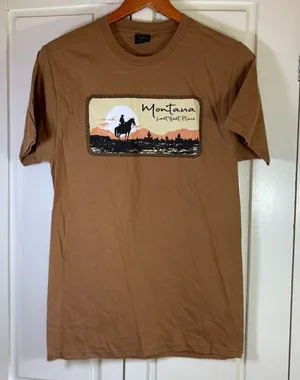 Prairie Mountain Montana Last Best Place Cowboy Graphic Tee Brown Small S thumbnail 1