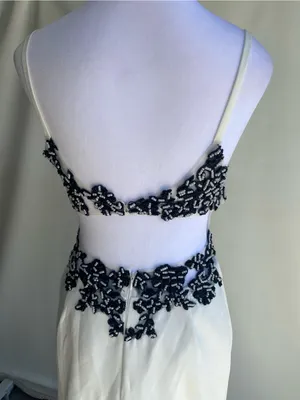 White floor length gown black beaded applique formal prom wedding Halloween thumbnail 7