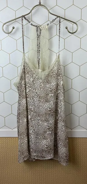 POL Tan and Cream Leopard Print Lace Camisole Tunic - Size - Large thumbnail 1