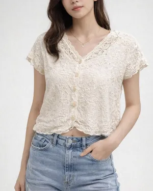 NEW NWT Lace Works Handmade Eyelet Lace Blouse Ivory Cropped Top Womens Small thumbnail 1