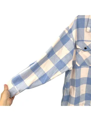 HFX Blue & Cream Plaid Long Sleeve Shacket Front Pockets Size Large thumbnail 4