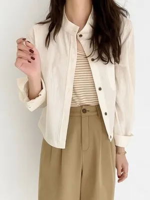 Utility Band Collar‎ Jacket Women One Size Cream New Minimalist Button Up Shirt thumbnail 1