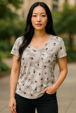 Hollister Womens Tee Sz XS Gray White Camo Camouflage Flowers Pocket Easy‎ Top thumbnail 1