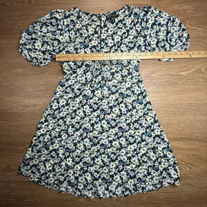 Motel Floral Mini Dress Womens XS Blue Black Puff Sleeve Ruched Cottagecore EUC thumbnail 5