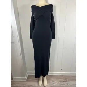 Abercrombie & Fitch Black Off Shoulder Sweater Dress NWT Midi Bodycon Elegant XS thumbnail 2