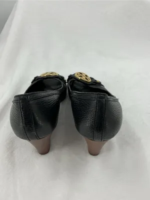 Tory Burch Black Leather Peep-Toe Heels with Gold Logo Medallion B47 thumbnail 3