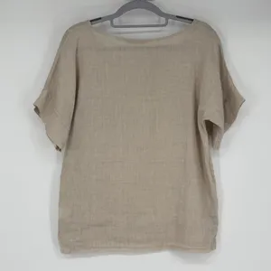 Francesca‎ Bettini 100% Linen Top Italy Beige Short Sleeve Pocket S Lagenlook thumbnail 2