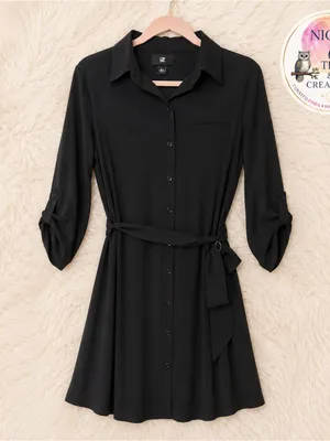 IZ‎ BYER Black Dress Large ~ Tie Waist Belt - Button Front Cap Sleeves thumbnail 3