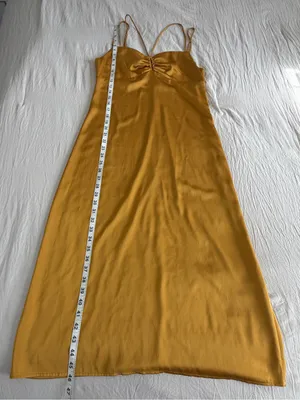 Zara Mustard Satin Midi Slip Dress‎ with Ruched Front Size Large thumbnail 6