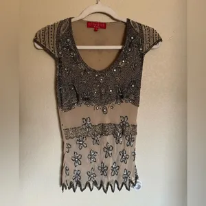 Vintage 90s does 20s Beaded Silk Embroidered Blouse Sz S Cap‎ Sleeve thumbnail 2