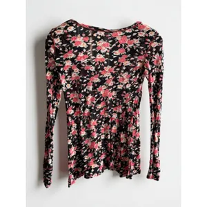 Free People Floral Scoop Neck Long Sleeve Top Black Pink Cotton Small thumbnail 2