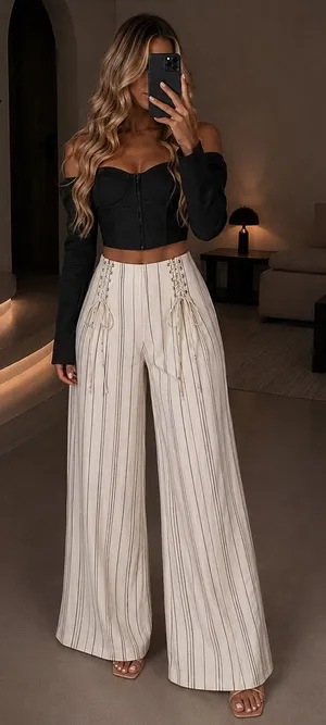 New Free People FP One Bette Wide Leg Striped Lace Up Pants Womens Size 6 NWOT thumbnail 1