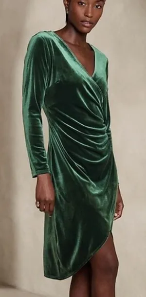 Banana Republic Velvet Knee-Length Faux Wrap Dress Small Green Party Cocktail thumbnail 1