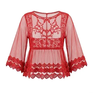 Pink Melo Red Mesh Crochet Lace Peplum Top Bell Sleeve Boho Large Festival Goth Dark Fairy thumbnail 2