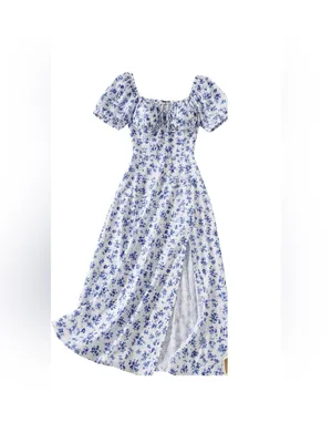 2026 Spring New Arrival French Floral Midi Dress, Square Neck Puff Sleeve Ruched thumbnail 4