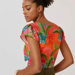 Anthropologie Tropical Floral Knot-Front Crop Top in Coral & Teal thumbnail 3