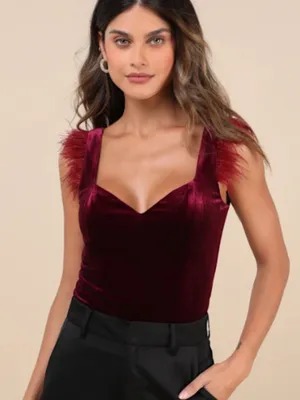 LULU's Sexy Flirty Feather Chic Holidays Red Velvet Night Out Bodysuit thumbnail 1