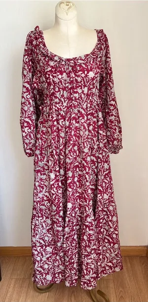 Anna Cate Milkmaid Smocked Burgundy Printed Dress Maxi Small thumbnail 1