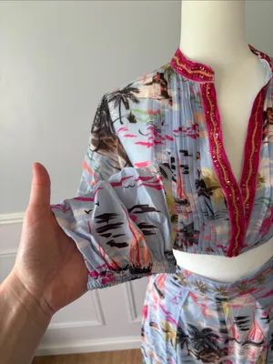 NWT TAJ by Sabrina Crippa Light Blue Tropical V-Neck Two-Piece Set Sz S Luxury thumbnail 8