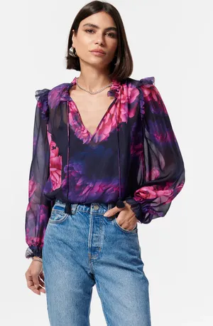 Navy and purple floral blouse. thumbnail 1