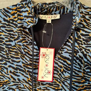 Joy Joy Women Animal Print Blue Tie Neck Long Sleeve Tiered Dress XS‎ thumbnail 3