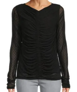 LAUNDRY by Shelli Segal Boatneck Long Sleeve Ruched Mesh Top thumbnail 1